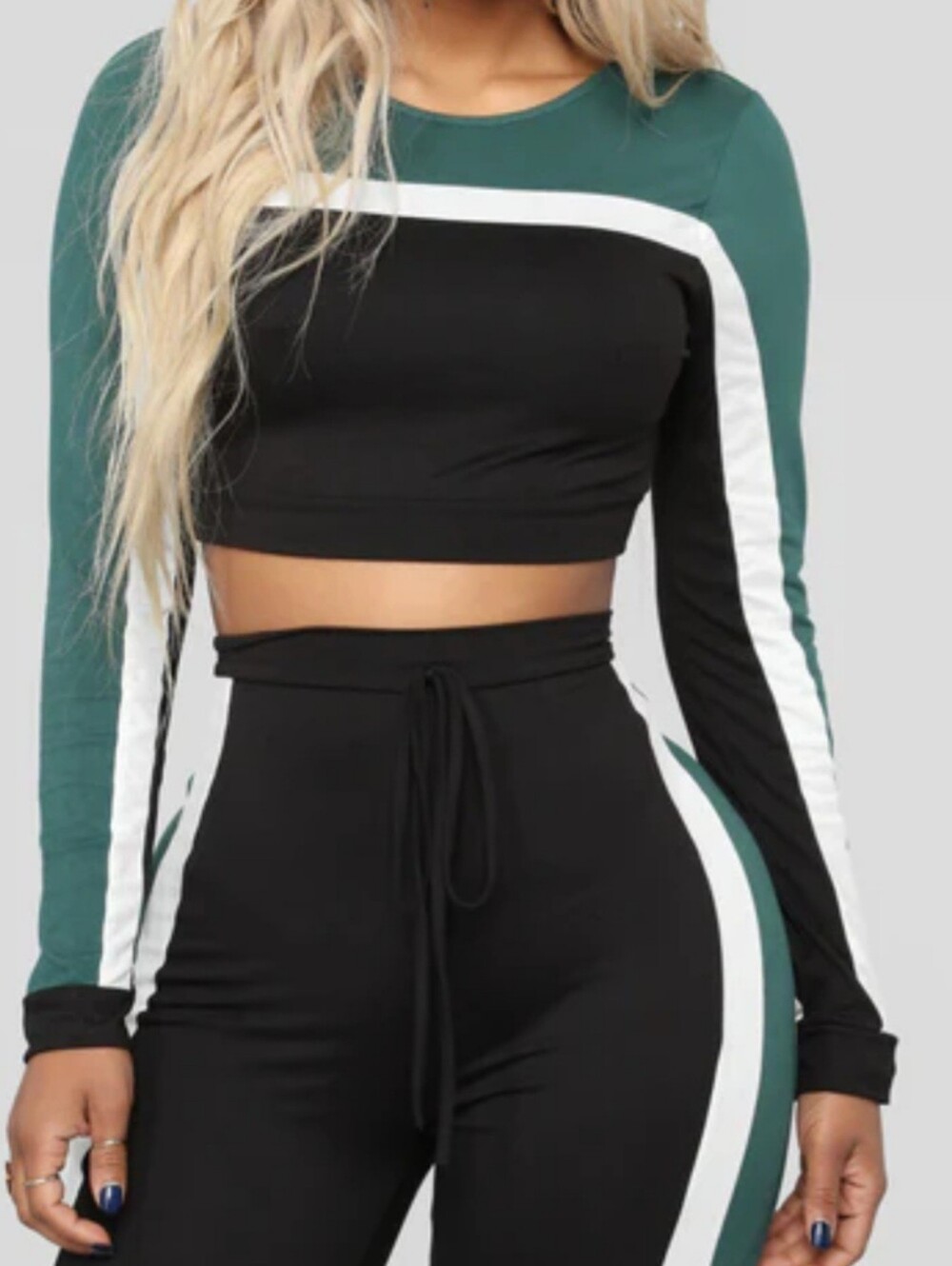Fashion Nova Black and Green Two-Piece Athletic Set with White Trim